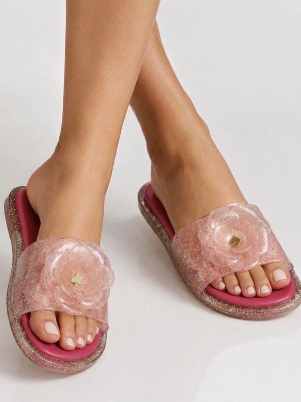 Kate Spade Splash Pink Glitter Jelly Slide Sandals Floral Flower Rubber Size 6.5